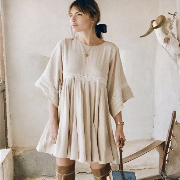 Spell & The Gypsy tan Cotton Lace Trim Dress S - Picture 2 of 8